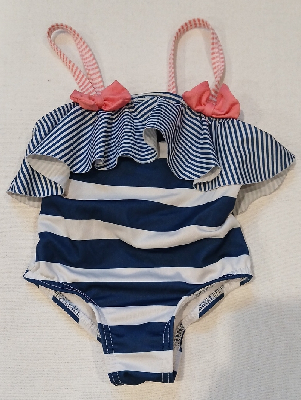 Penelope Mack Navy White Stripe Ruffle One-Piece Swimsuit with Pink Accents